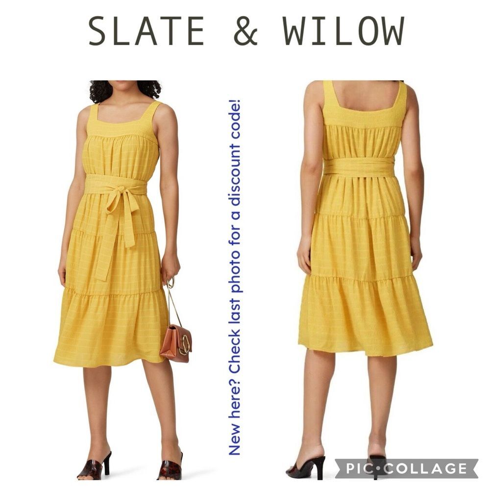 Slate & Willow | Women's Gauzy Tiered Layered Midi Dress in Mustard,‎ Size 4
